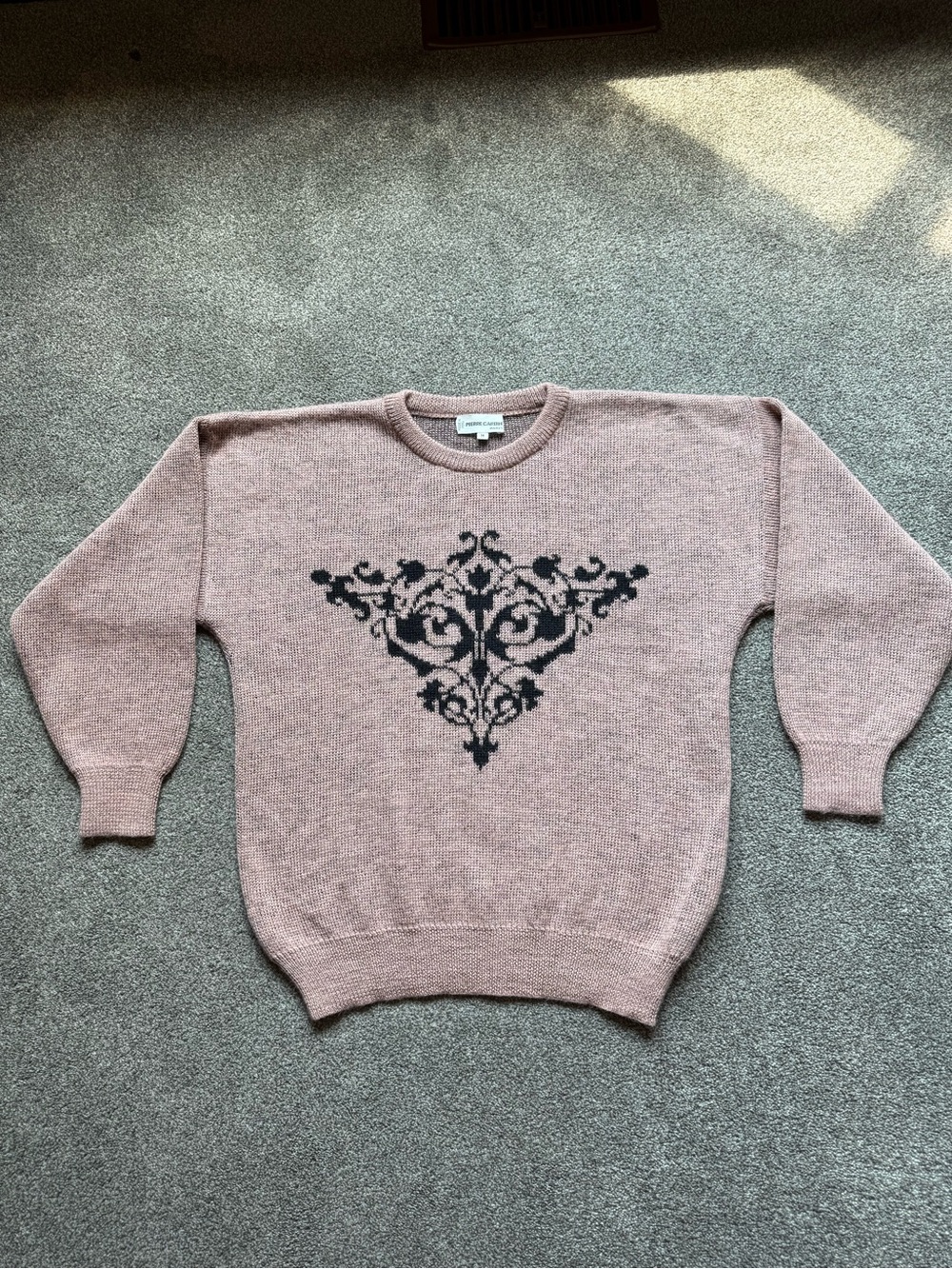 Vintage Wool and Alpaca Pierre Cardin Crewneck Sweater with Black Damask Motif